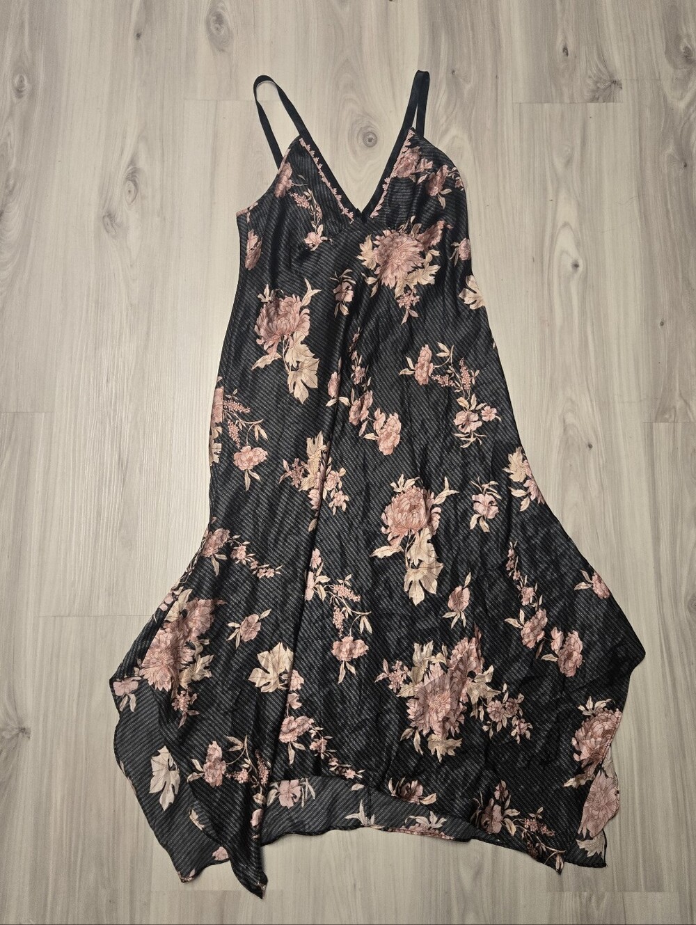 Vintage Y2K California Dynasty Floral Pinstripe Handkerchief Hem Slip Dress